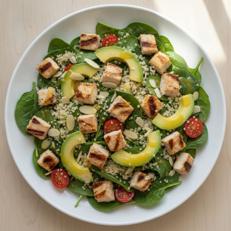 Grilled Chicken Spinach Salad with Quinoa and Lemon Vinaigrette