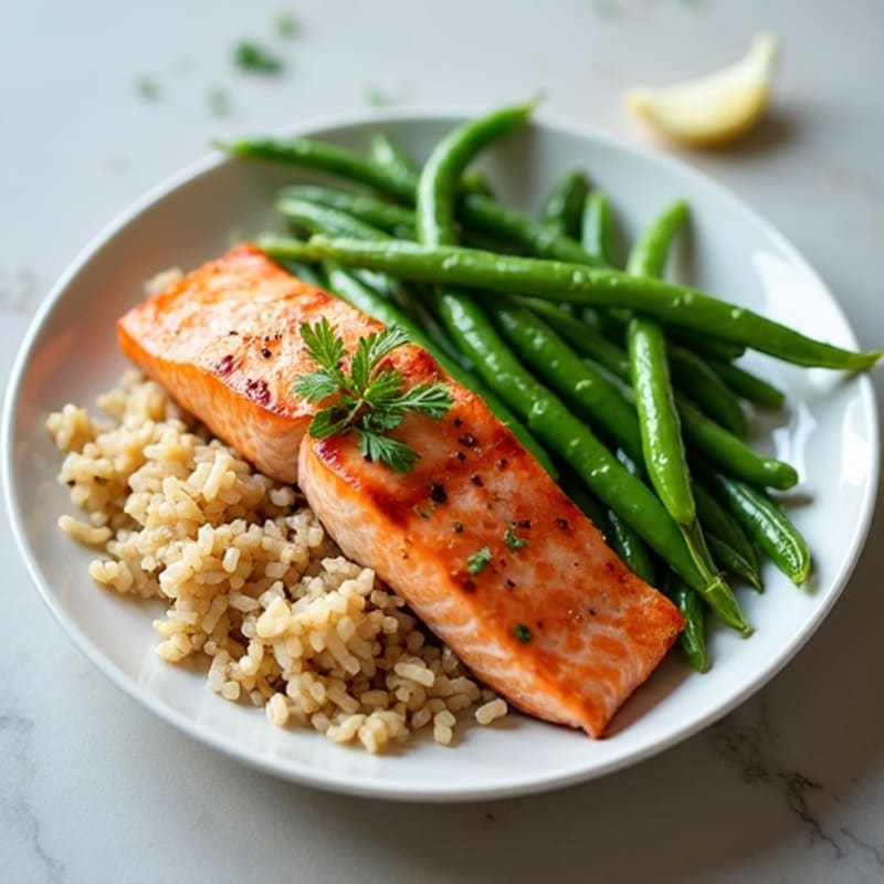 Seared Salmon Fillet with Garlic Green Beans and Brown Rice
