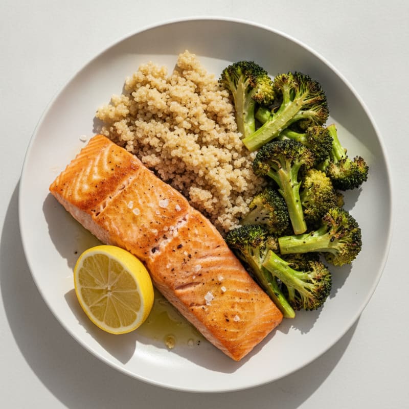 Seared Salmon with Roasted Broccoli and Quinoa