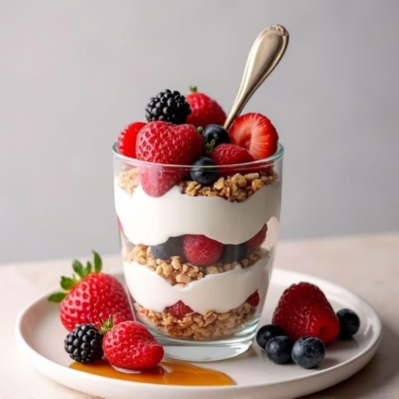 Creamy Greek Yogurt Parfait with Chia Seeds, Mixed Berries, and Protein Granola