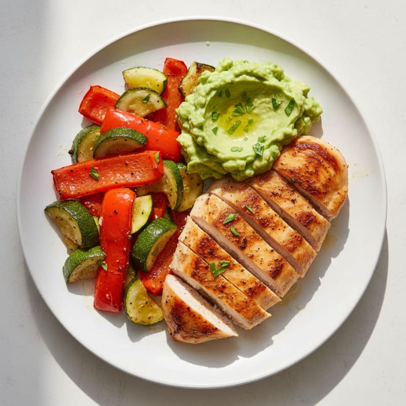 Seared Chicken Breast with Roasted Vegetables and Avocado Mash