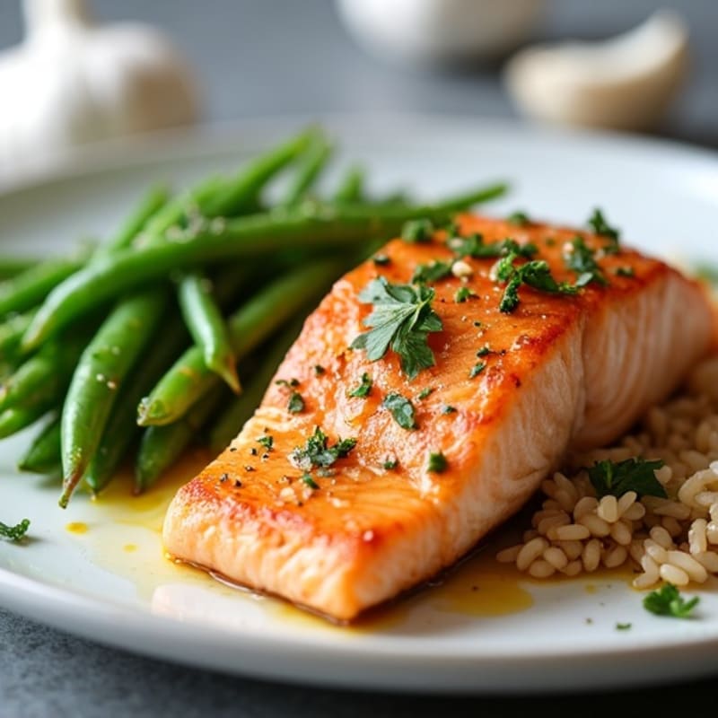 Seared Salmon with Garlic Green Beans and Brown Rice