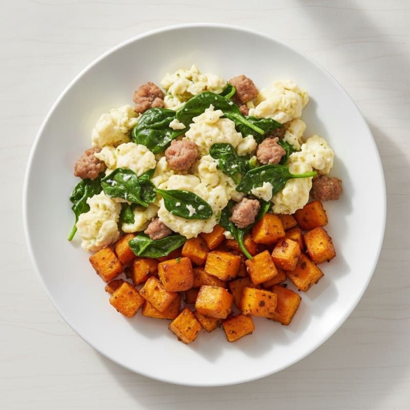 Egg White and Turkey Sausage Scramble with Spinach and Roasted Sweet Potatoes