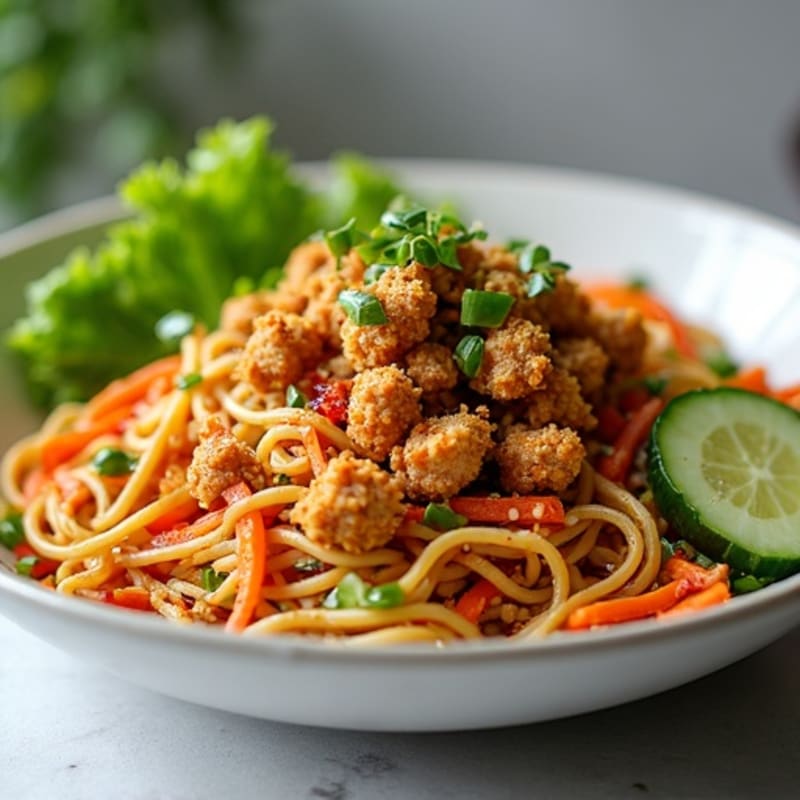 Crispy Lean Ground Pork with Spicy Sesame Noodles and Fresh Greens