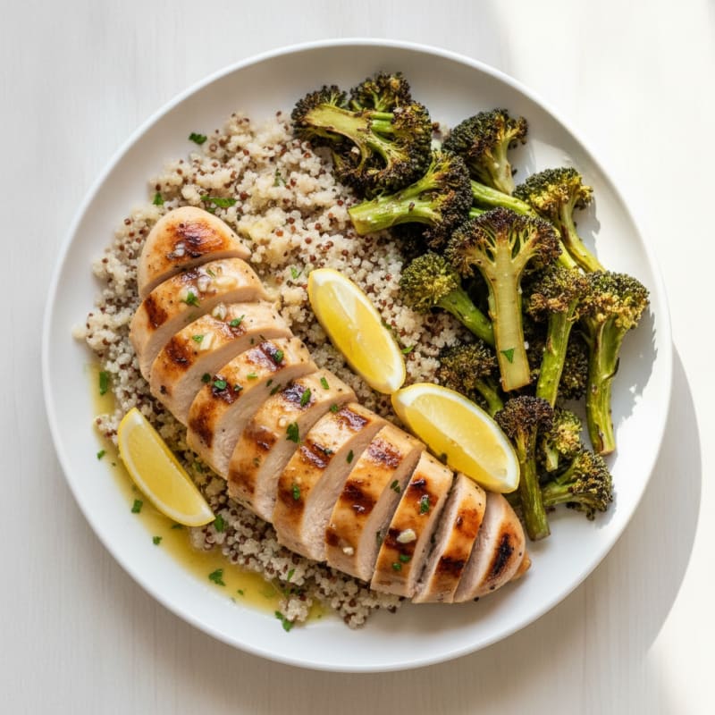 Grilled Lemon Garlic Chicken Breast with Quinoa and Roasted Broccoli