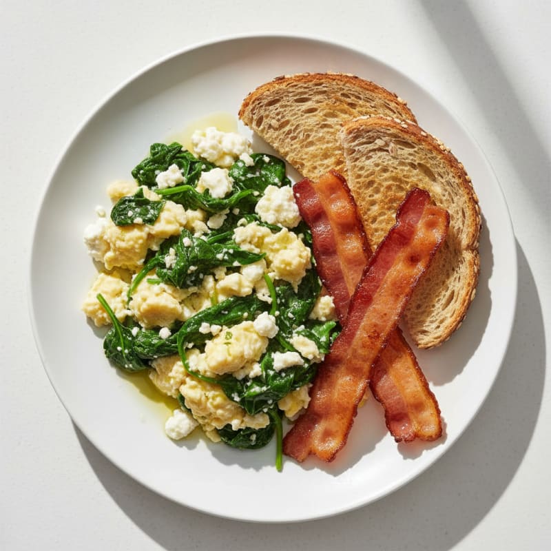 Cottage Cheese Egg Scramble with Spinach and Turkey Bacon