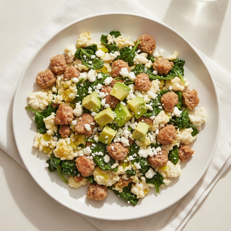 Egg White and Turkey Sausage Scramble with Spinach and Feta