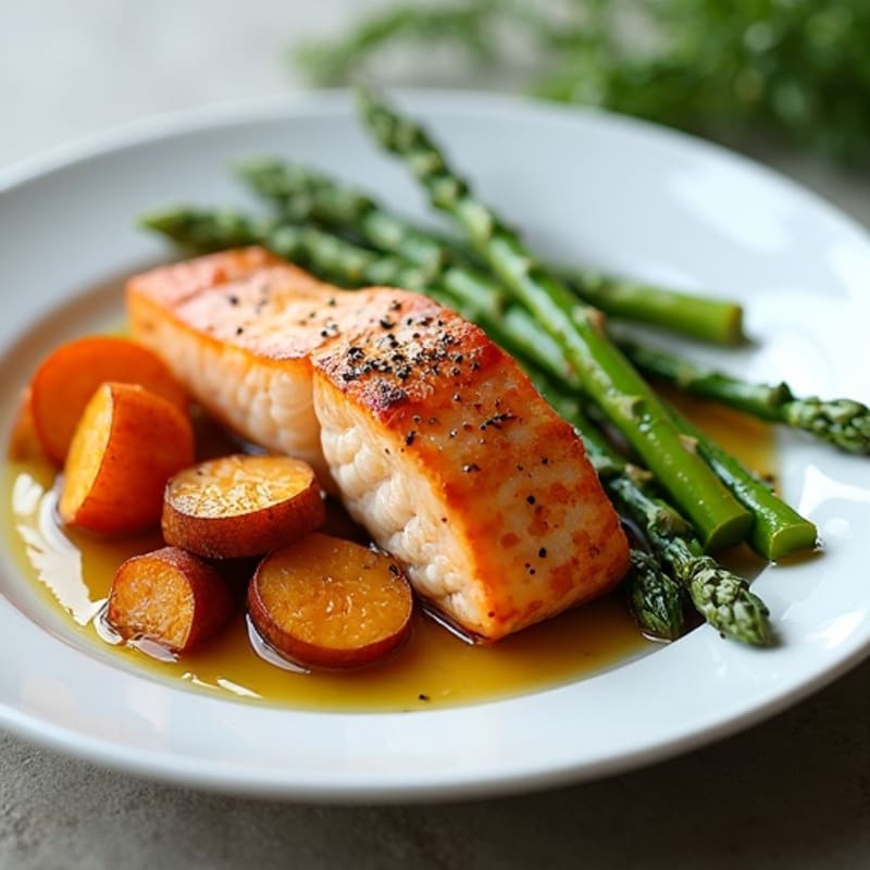 Seared Salmon Fillet with Roasted Sweet Potatoes and Asparagus
