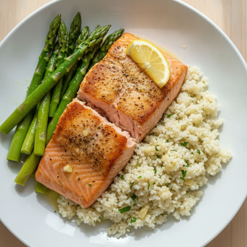 Seared Salmon with Steamed Asparagus and Garlic Cauliflower Rice