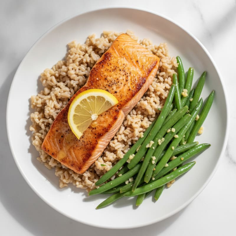 Seared Salmon with Garlic Green Beans and Brown Rice