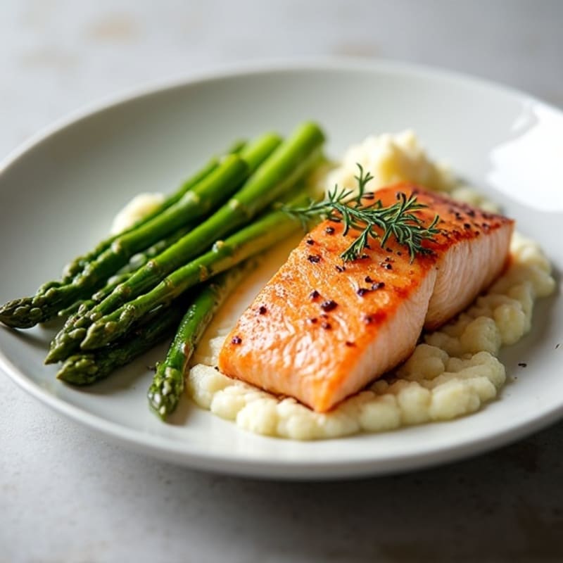 Seared Salmon with Steamed Asparagus and Cauliflower Mash