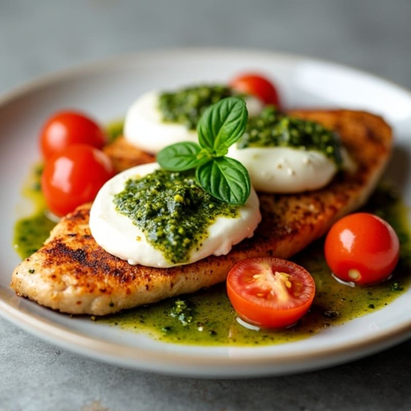 Pan-Seared Chicken with Creamy Mozzarella, Fresh Tomatoes, and Herb Pesto