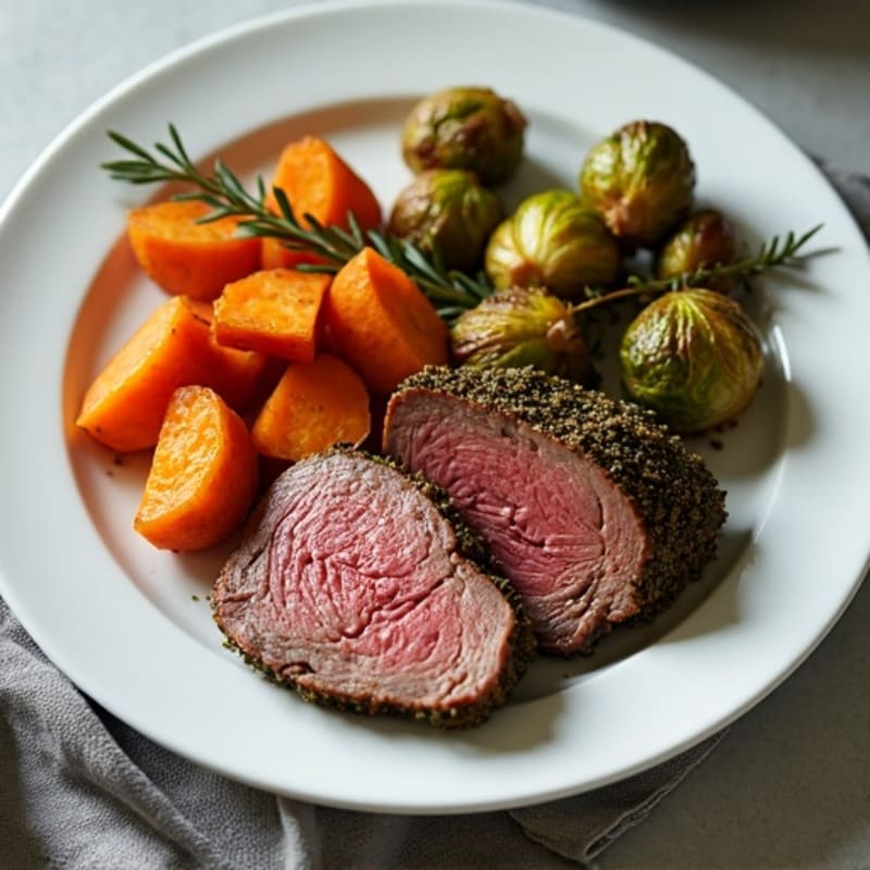 Herb-Crusted Roasted Beef with Roasted Sweet Potatoes and Crispy Brussels Sprouts