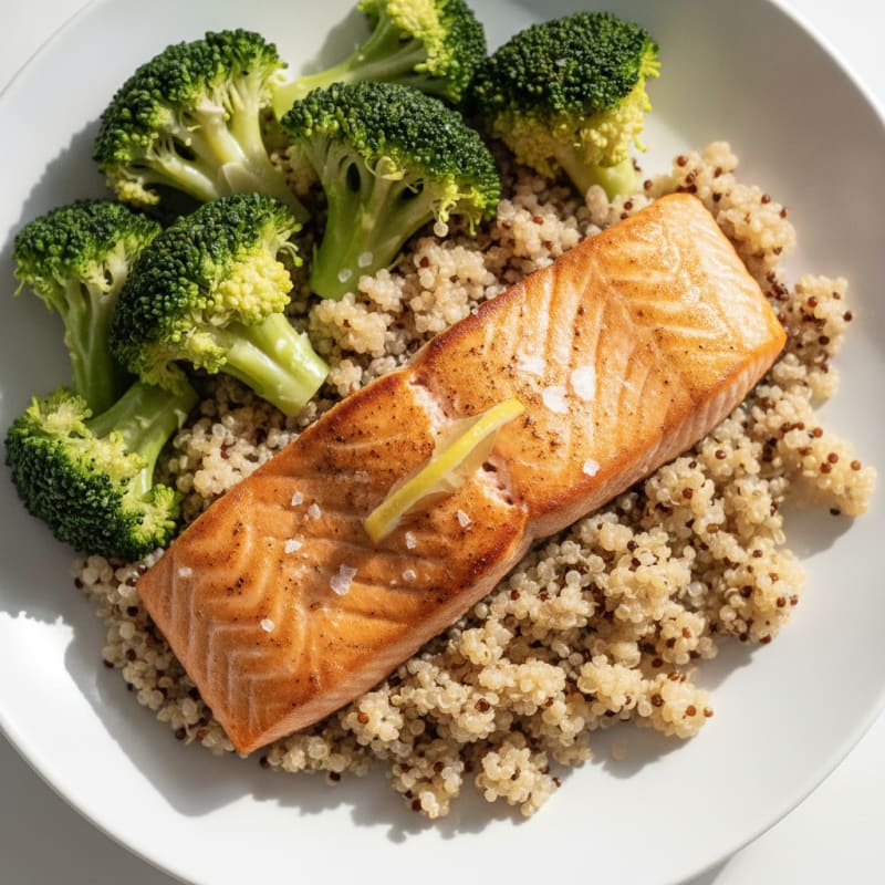 Seared Salmon with Steamed Broccoli and Quinoa