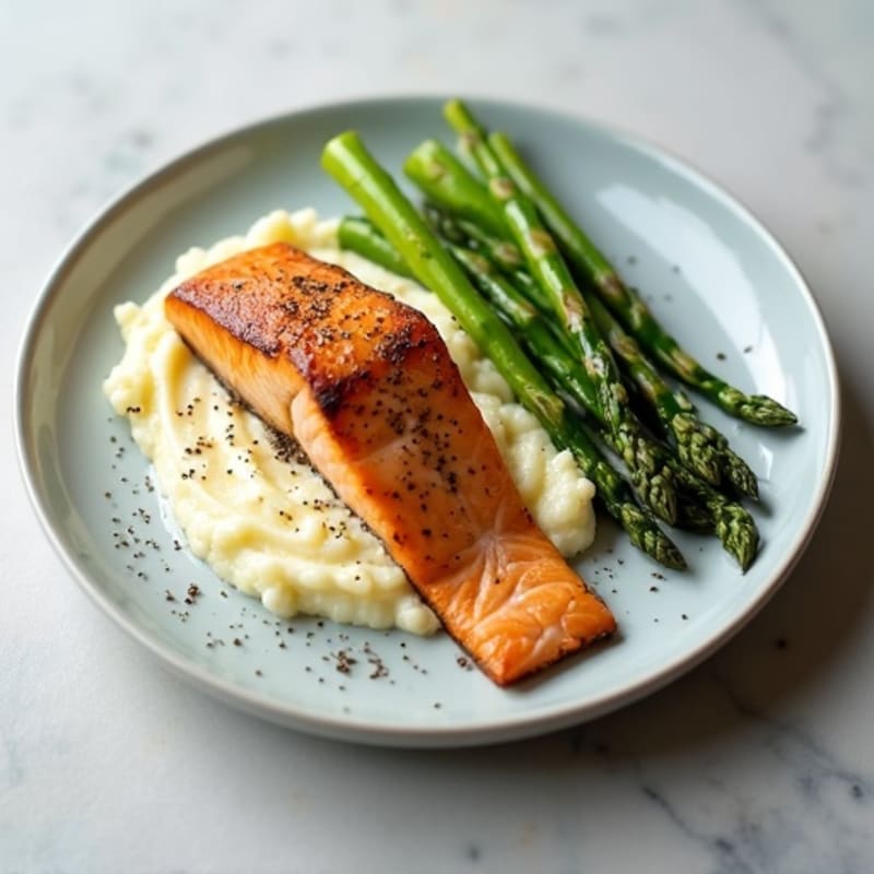 Seared Salmon Fillet with Steamed Asparagus and Cauliflower Mash
