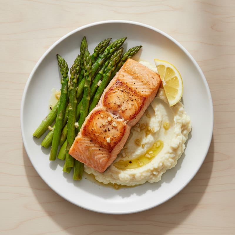 Seared Salmon Fillet with Roasted Asparagus and Cauliflower Mash