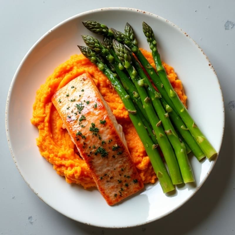Seared Salmon with Steamed Asparagus and Sweet Potato Mash