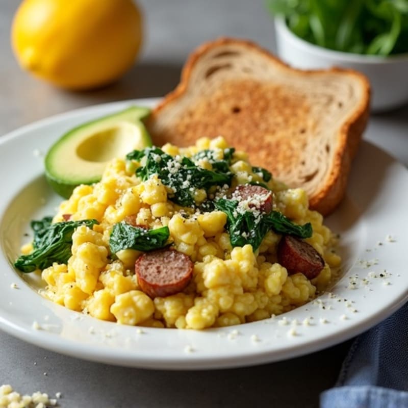 Egg White Scramble with Turkey Sausage and Sautéed Spinach