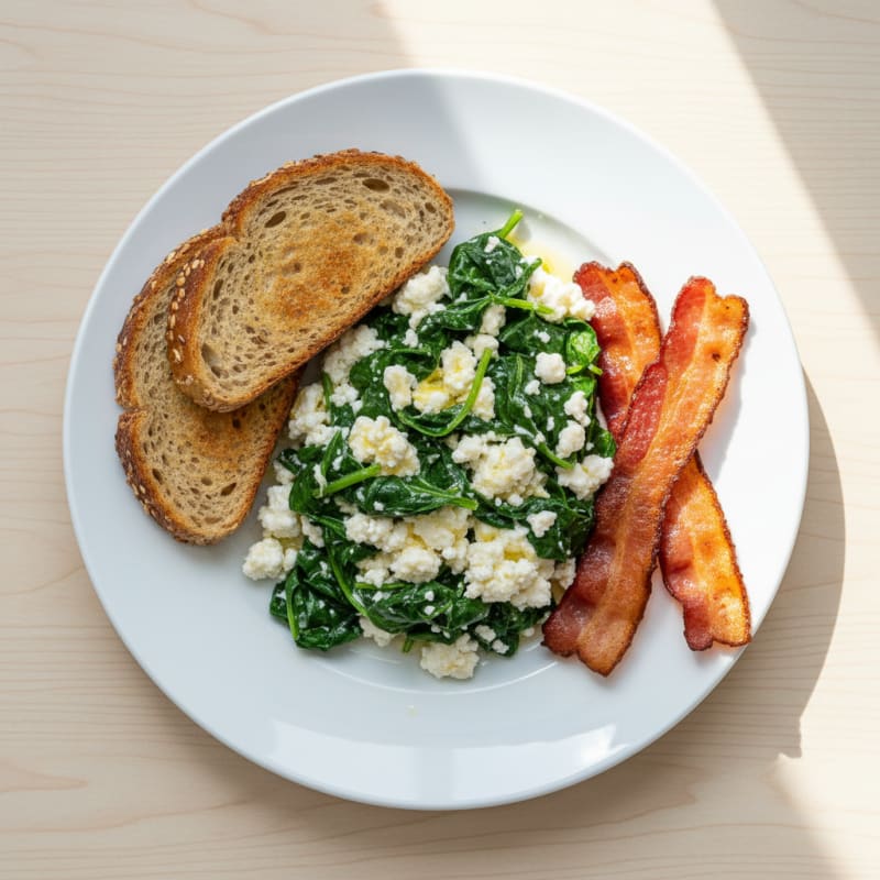 Egg White Spinach Scramble with Cottage Cheese and Turkey Bacon