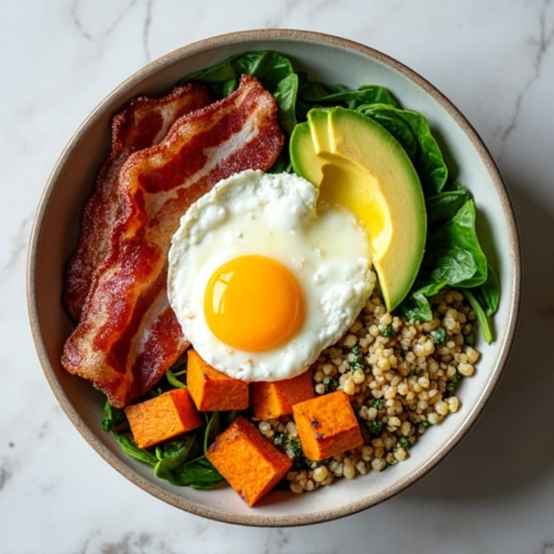 Crispy Turkey Bacon and Egg Breakfast Bowl with Roasted Sweet Potatoes