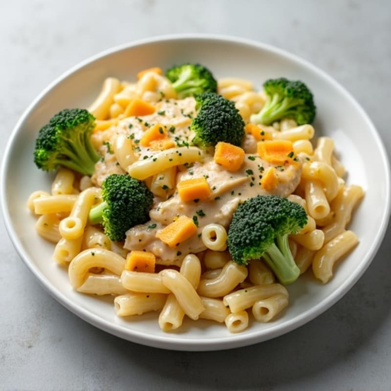 High-Protein Creamy Baked Macaroni with Chicken and Roasted Broccoli