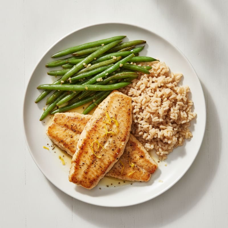 Pan-Seared Tilapia with Garlic Green Beans and Brown Rice