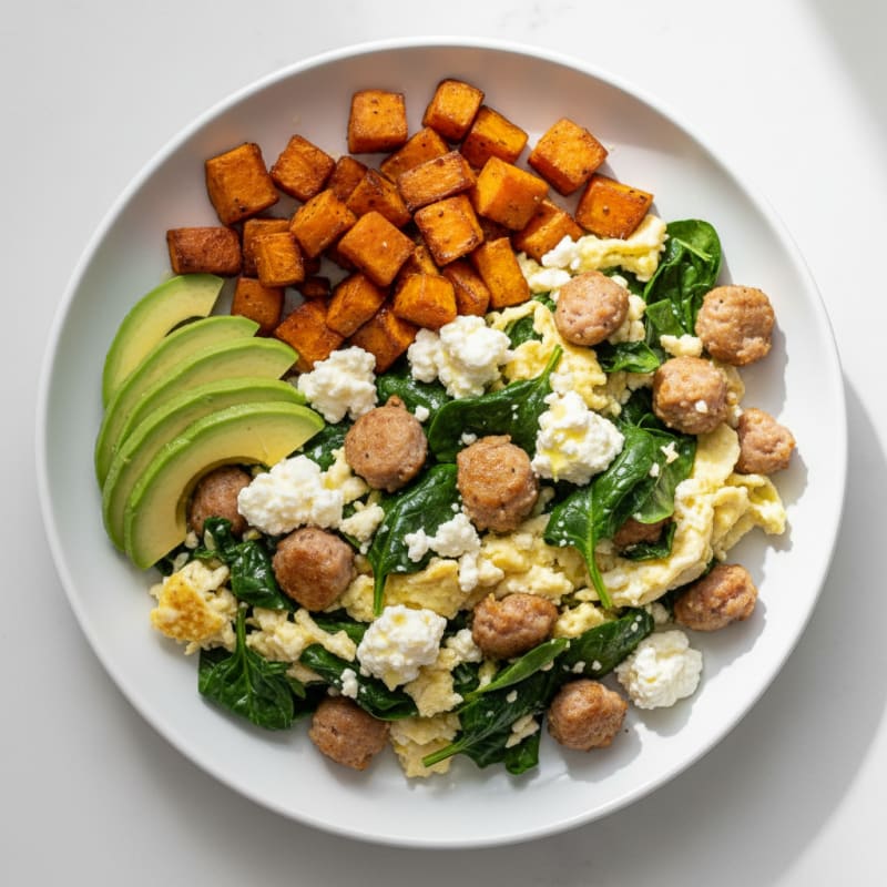 Egg White and Turkey Sausage Scramble with Cottage Cheese and Spinach