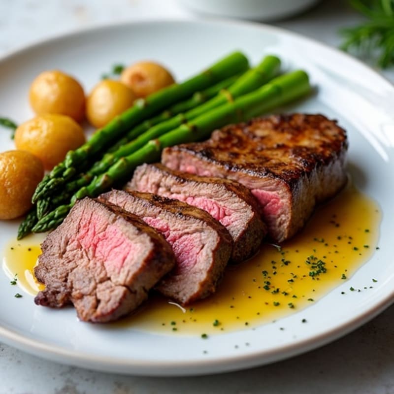 Pan-Seared Garlic Steak with Crispy Roasted Potatoes and Asparagus