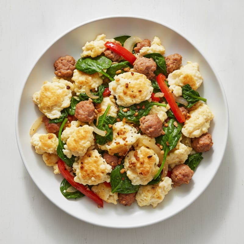 Egg White and Turkey Sausage Scramble with Sautéed Spinach