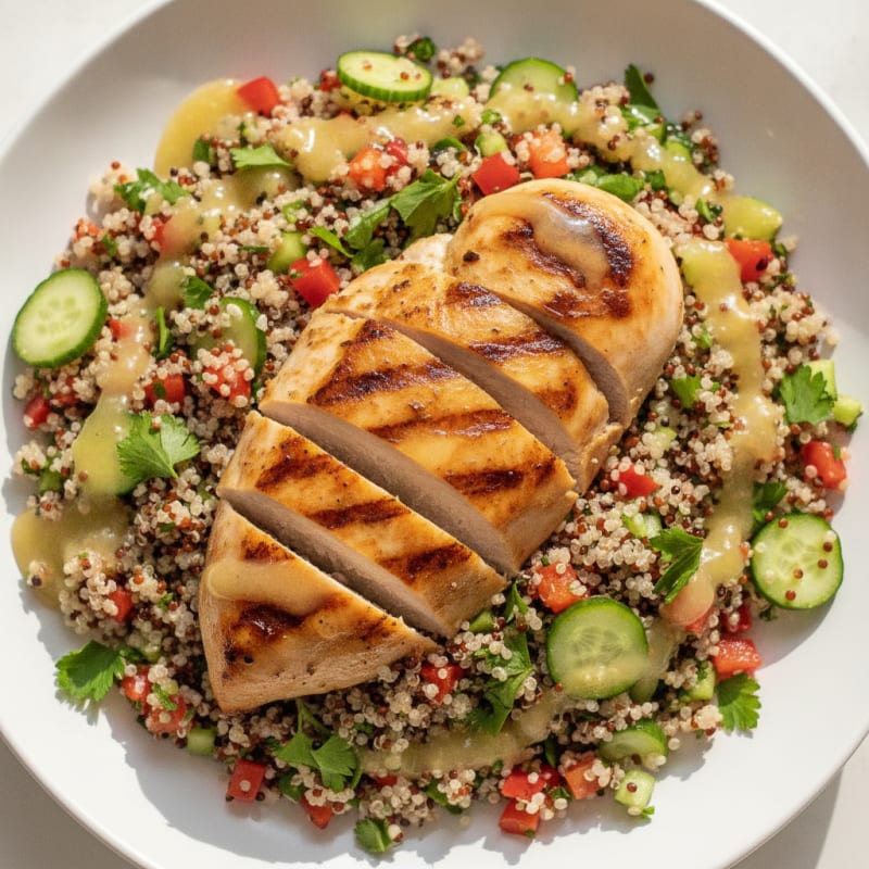 Grilled Chicken Breast with Crunchy Quinoa Salad and Lemon Vinaigrette