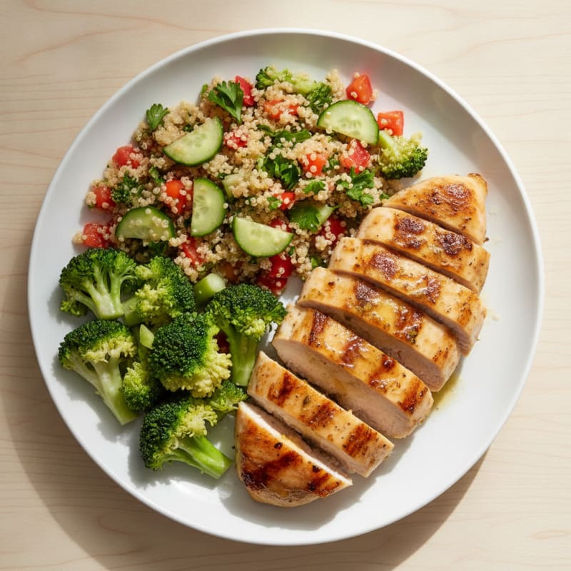 Grilled Chicken Breast with Quinoa Salad and Steamed Broccoli