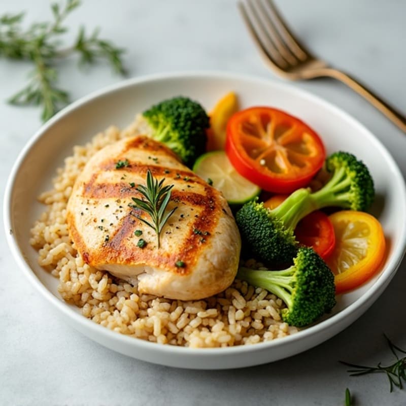 Herb-Roasted Chicken with Fluffy Brown Rice and Garlic Sautéed Vegetables