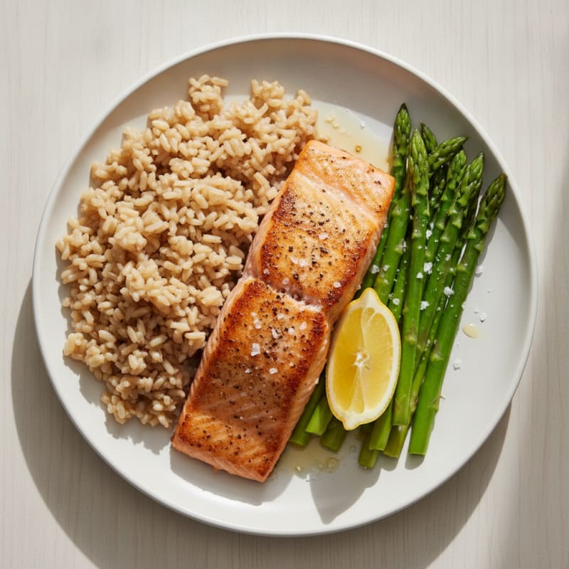 Seared Salmon with Steamed Asparagus and Brown Rice