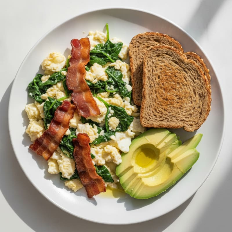 Crispy Turkey Bacon and Egg White Scramble with Spinach