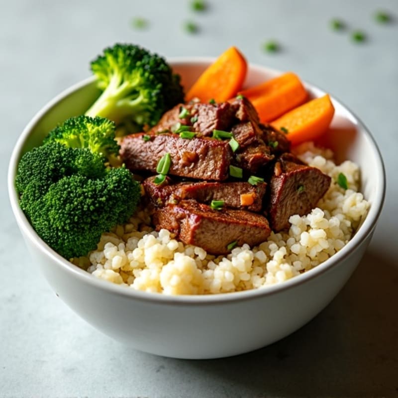 Savory Garlic Ginger Beef and Crispy Broccoli Rice Bowl