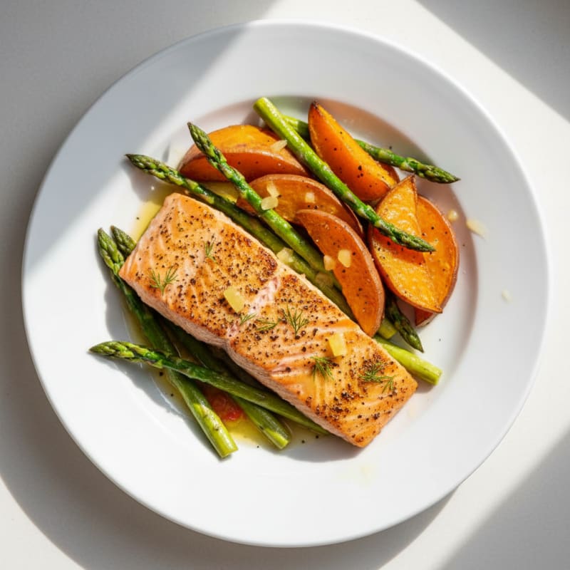 Herb-Seared Salmon with Roasted Sweet Potato and Asparagus