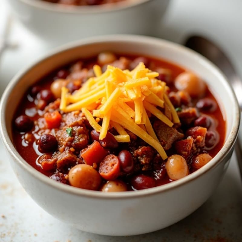 Hearty Beef and Bean Chili with Lean Chicken Sausage and Sharp Cheddar