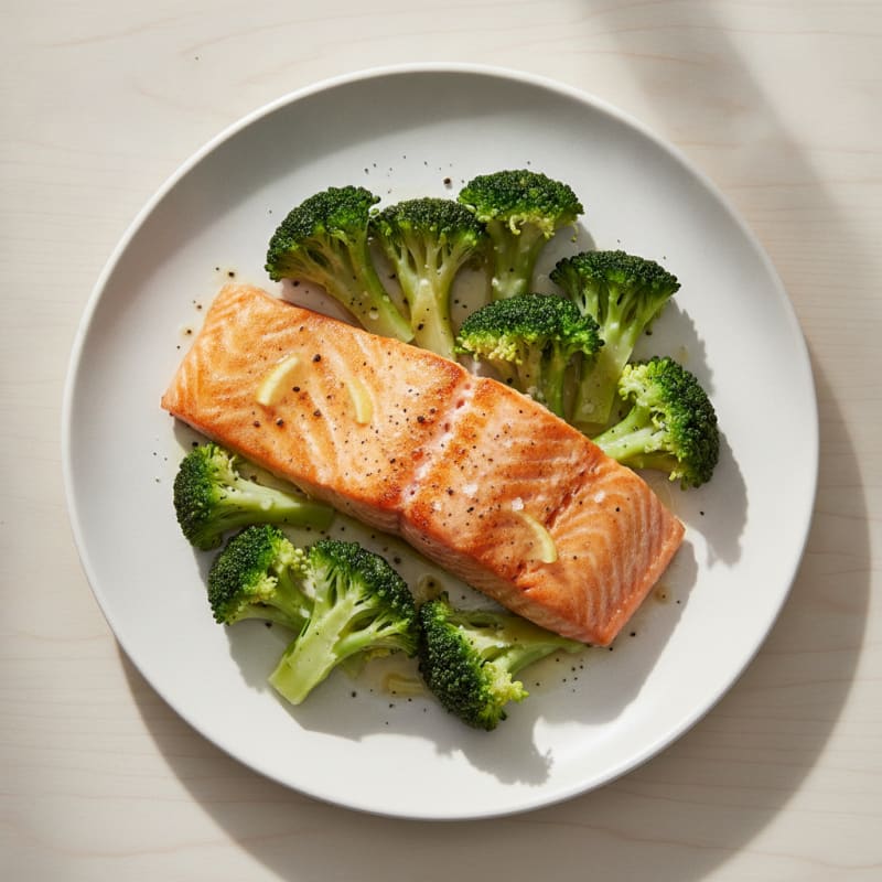 Seared Salmon with Steamed Broccoli and Lemon