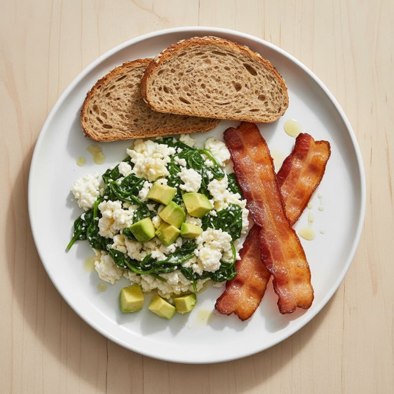 Cottage Cheese Egg White Scramble with Spinach and Turkey Bacon