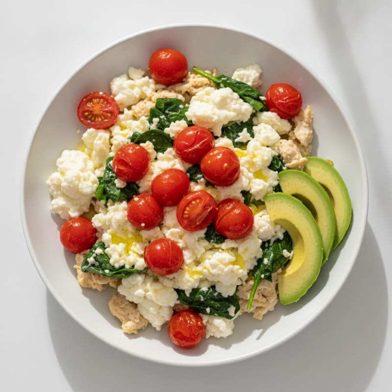 Chicken Egg White Scramble with Spinach and Cherry Tomatoes