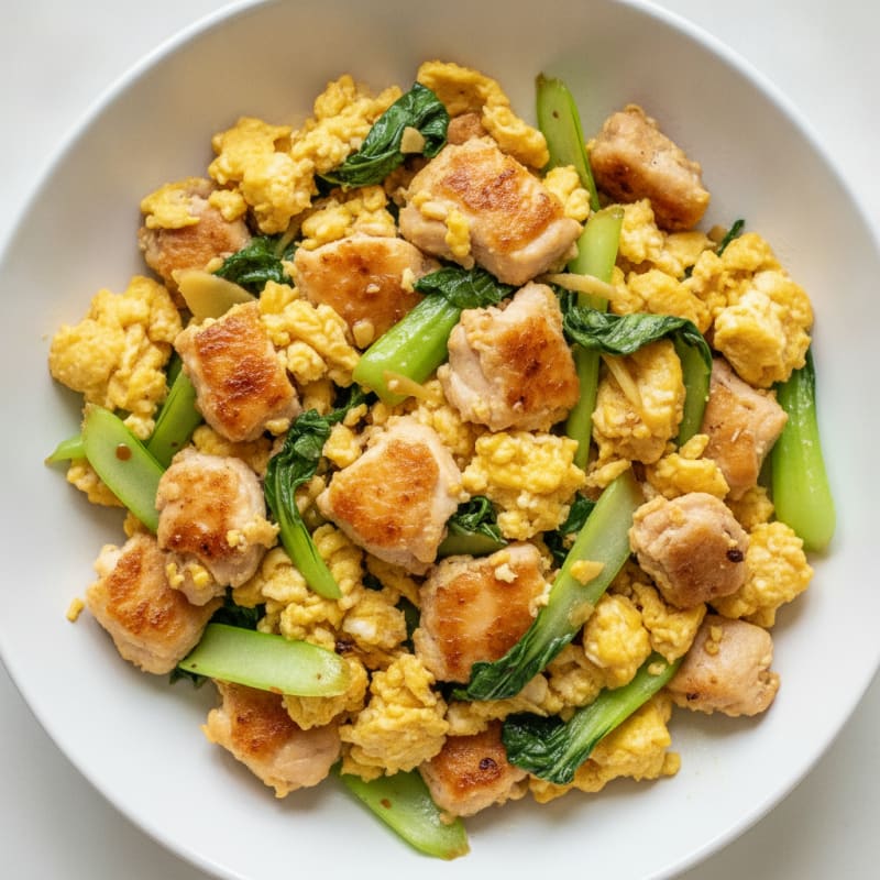 Egg and Chicken Thigh Scramble with Sautéed Bok Choy