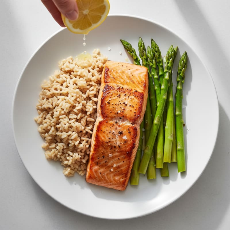 Seared Salmon with Steamed Asparagus and Brown Rice