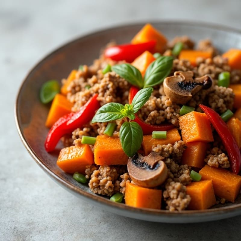 Ground Turkey and Sweet Potato Hash with Sautéed Peppers and Mushrooms