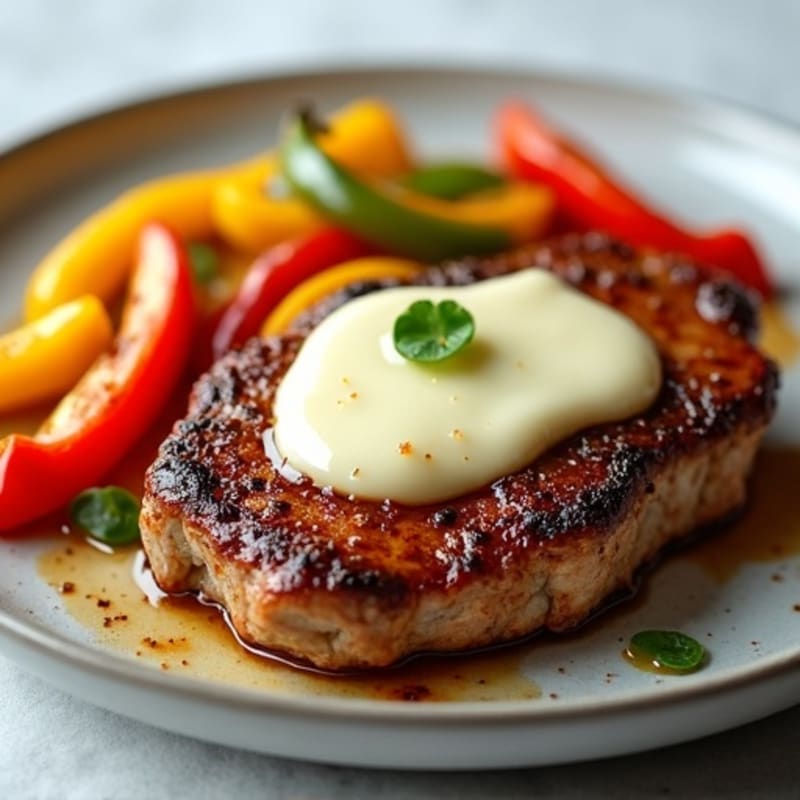Crispy Seared Steak with Sautéed Bell Peppers, Onions, and Creamy Provolone