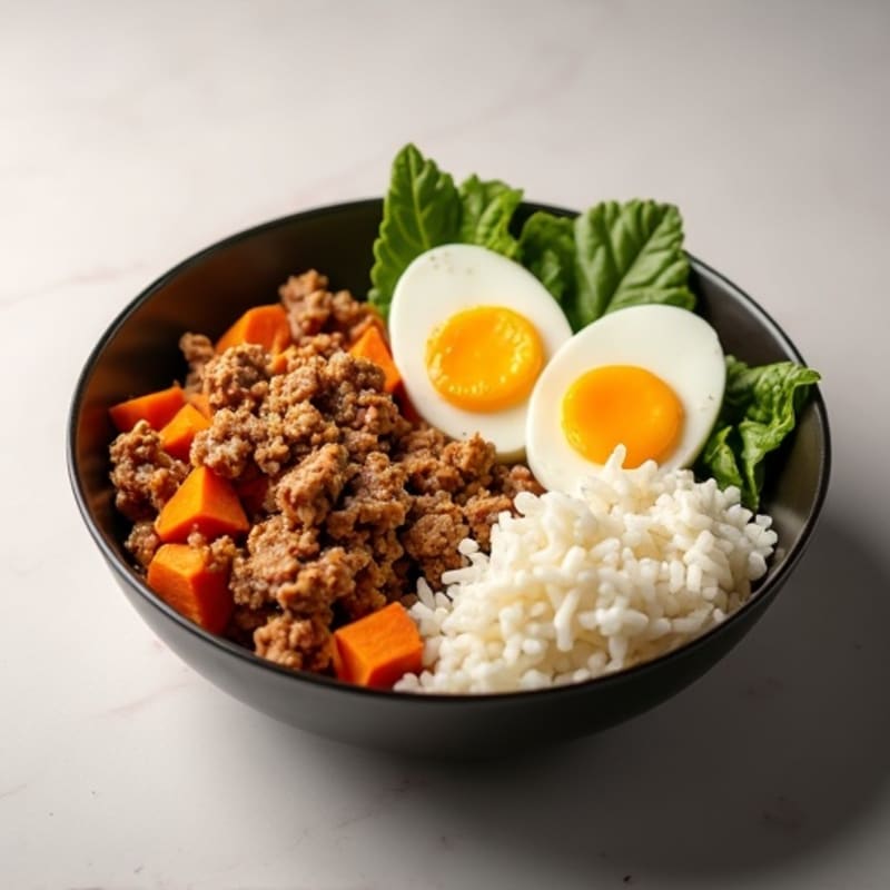 Ground Turkey and Roasted Sweet Potato Bowl with Steamed Rice