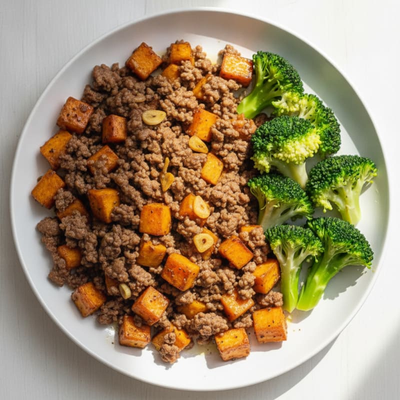 Lean Beef Mince and Sweet Potato Skillet with Steamed Broccoli