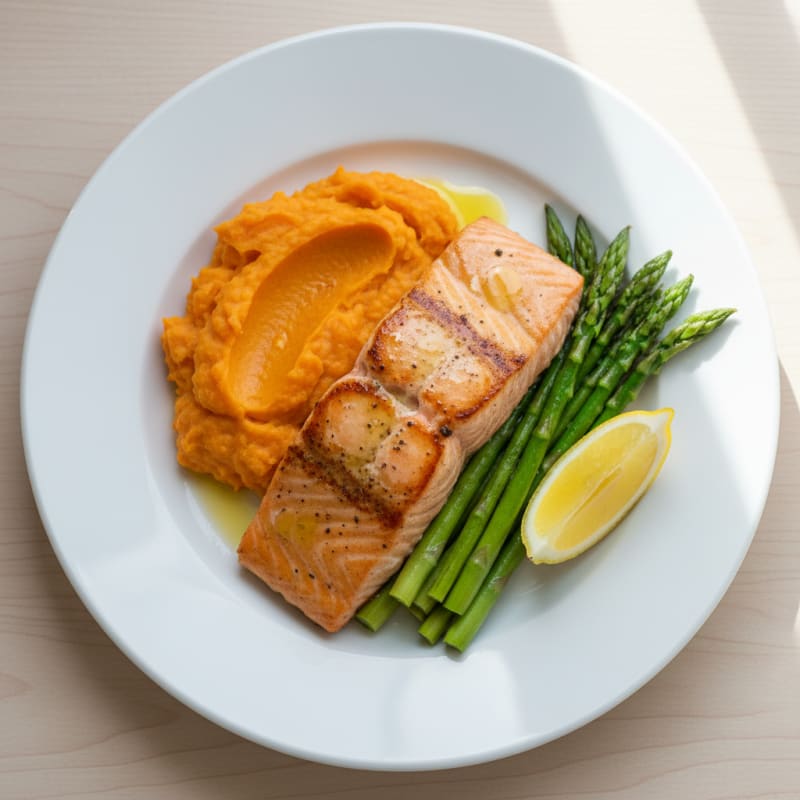 Seared Salmon Fillet with Steamed Asparagus and Sweet Potato Mash