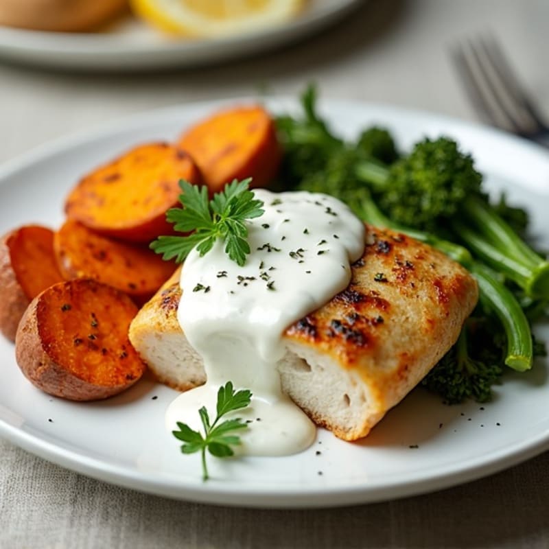 Creamy Garlic Herb Chicken with Roasted Sweet Potatoes and Crispy Broccolini