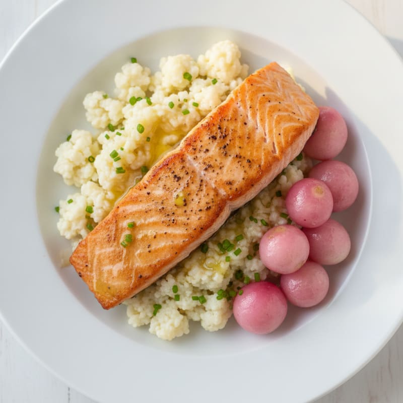 Seared Salmon with Cauliflower Rice and Steamed Radish