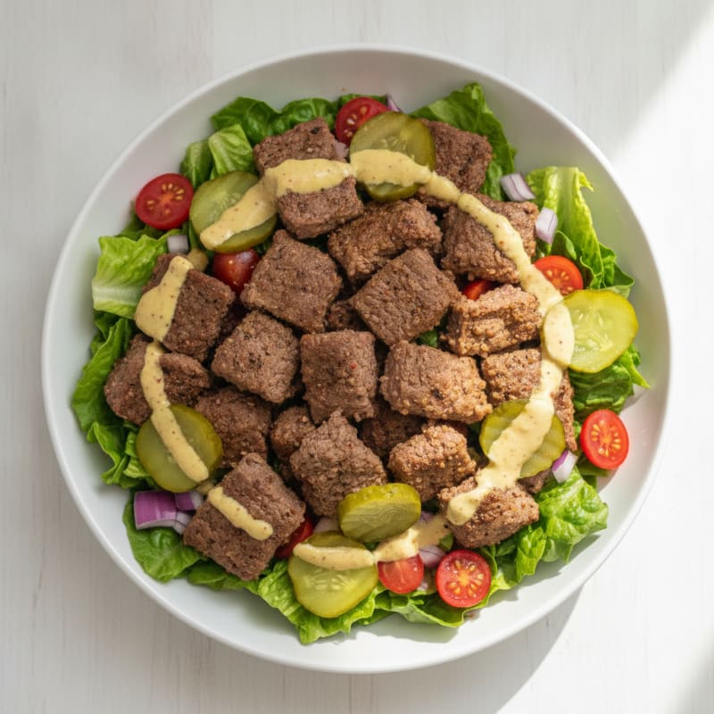 Classic Beef Burger Bowl with Tangy Dressing